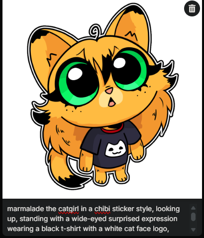 A tiny chibi Marmalade sticker looking up, with its caption underneath in AI Toolkit