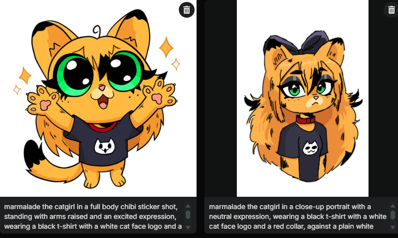 Two more training images with their captions: chibi Mal with her arms up, and a close-up portrait